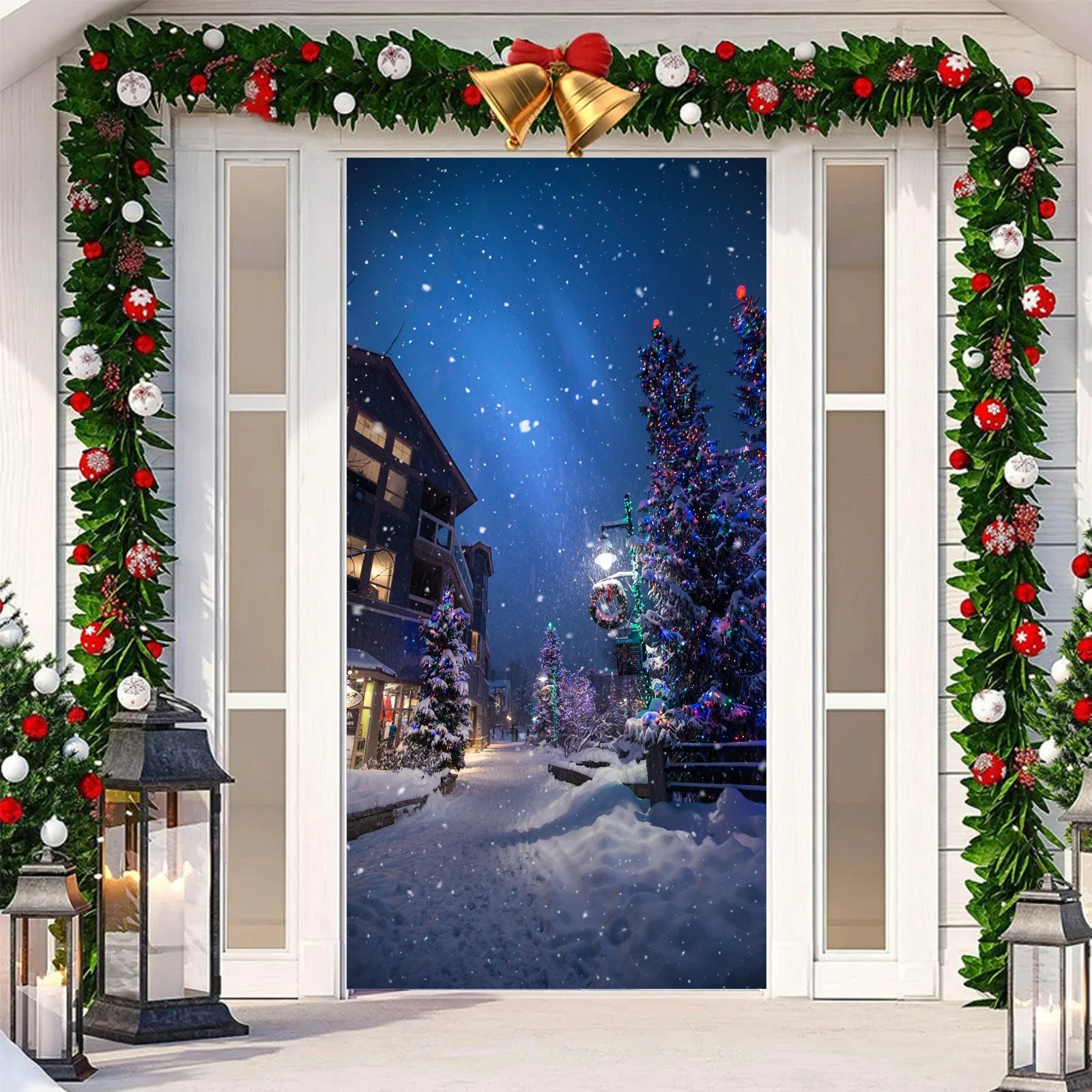 Наклейки на дверь ночные дверные обои самоклеящиеся рождественская елка снег HD