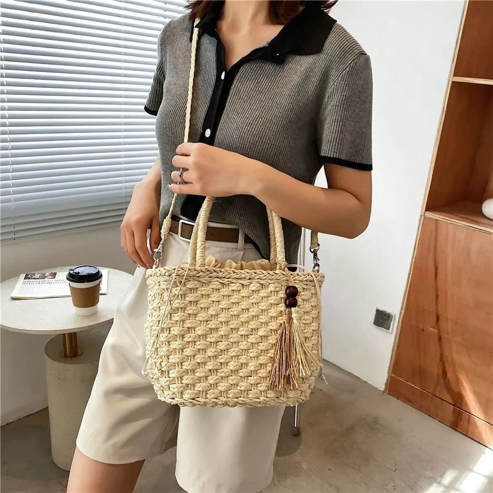 

Shunmaii Fashion Striped Women Straw Bags Handwoven Summer Beach Totes Female Casual Top Handbag Luxury Design Shoulder Bag