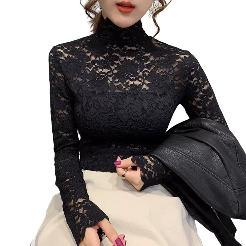 

2023NEW Women Thin Black Lace T shirt Sexy Turtleneck Long Sleeve Slim Lace Crochet Patchwork Tee Tops