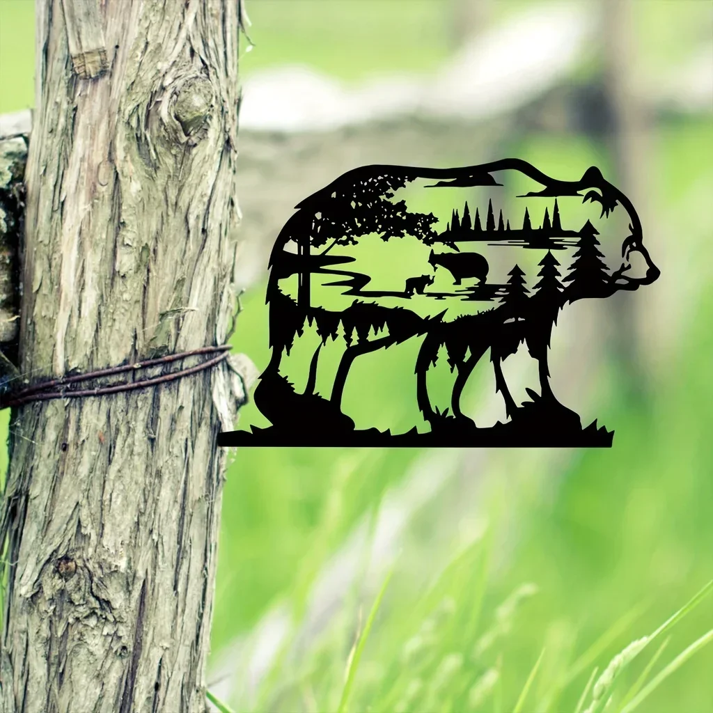 Украшение для стен в виде черного металлического лесного медведя: деревенский