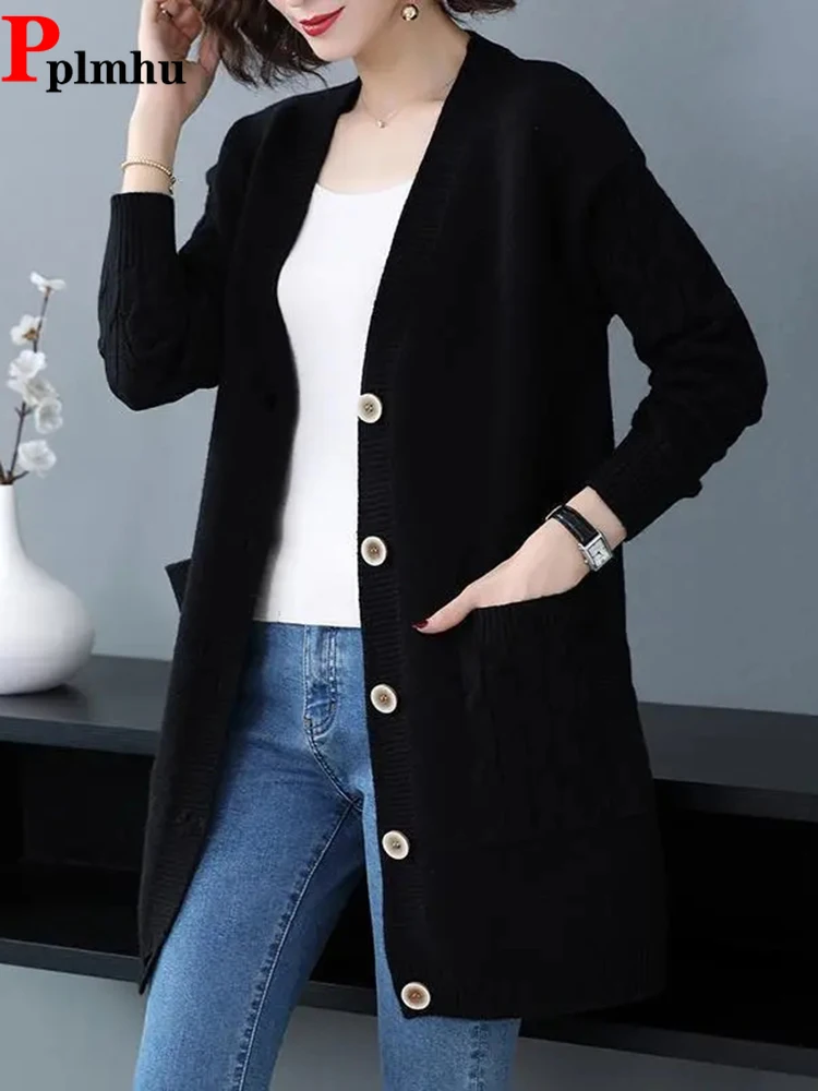 

Casual Mid Length Knitwears Coat Basic Solid Malhas Jackets New Spring Elegant Tops Casaco Korean Slim Sweater Cardigan