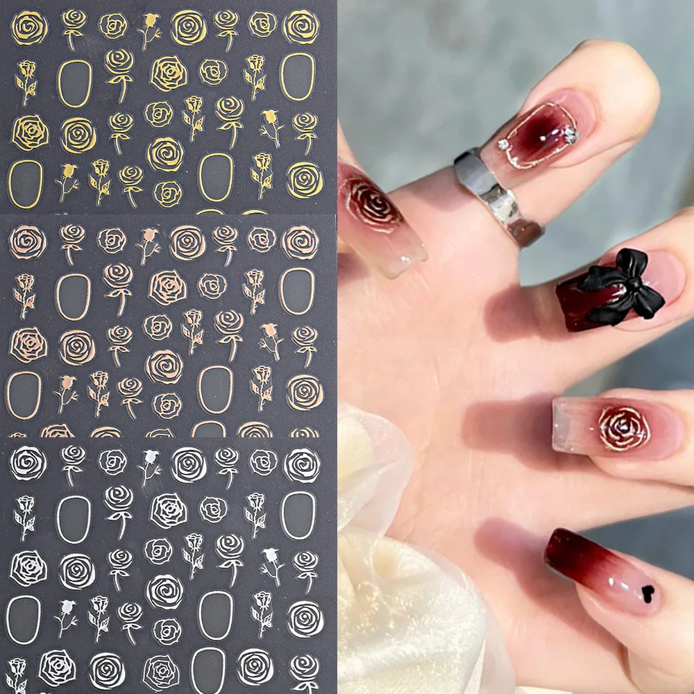 

1Pcs Gold Silver Flower Nail Stickers 3D Holographic Metallic Effect Hot Y2K Charms Slider For Nails Art Foil Manicure Deco
