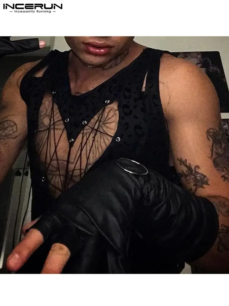 INCERUN Sexy Fashion Homewear Men See-through Mesh Hollow Jumpsuit Casual Male Comfortable Drawstring Sleeveless Bodysuits S-5XL