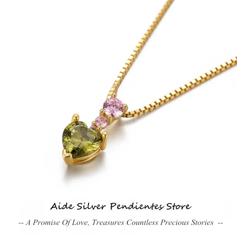 

AIDE 1 PC Apple Green Crystal Heart-shape Pendant Necklace For Women 40cm Real 925 Sterling Silver Fashion Jewelry Collier Femme