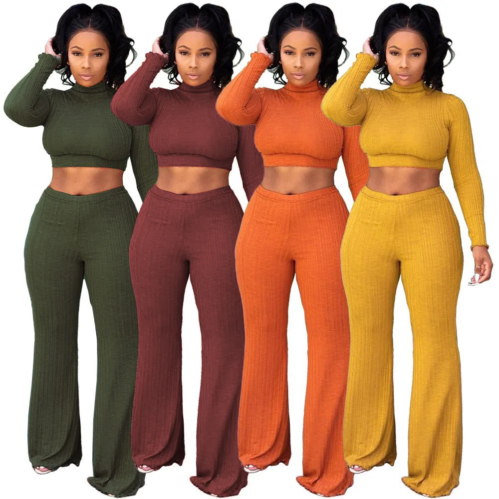 

Solid Color Pit Strip Slim Fitting Versatile Fashionable Commuting 9/4 Sleeve High Neck Shorts Top Wide Leg Pants Two-piece Set