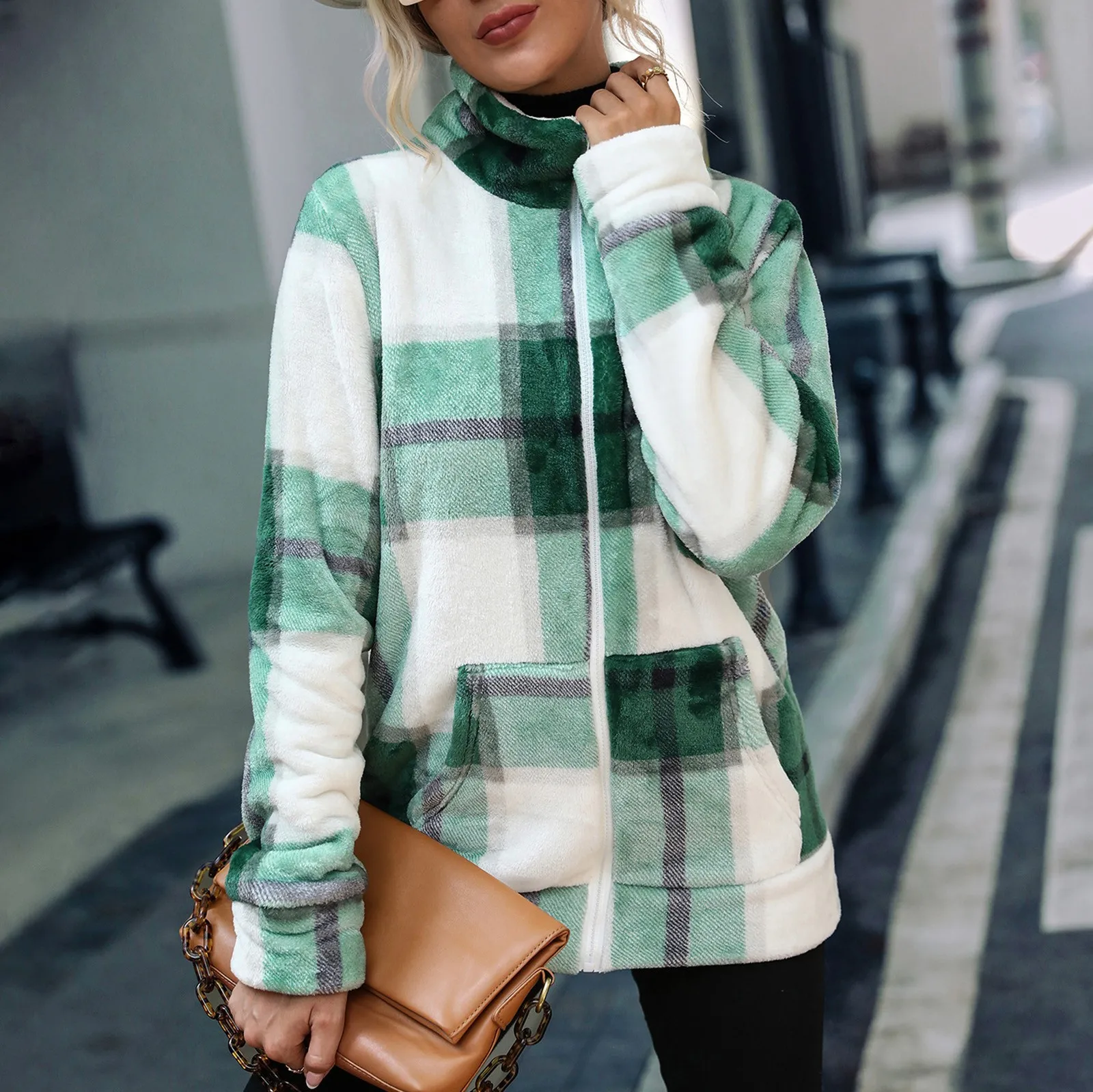 

Sweaters with Zip Women Women'S Autumn And Winter Stand Collar Plaid Zipper Loose Long Sleeved Medium Fleece Lined Coat Women