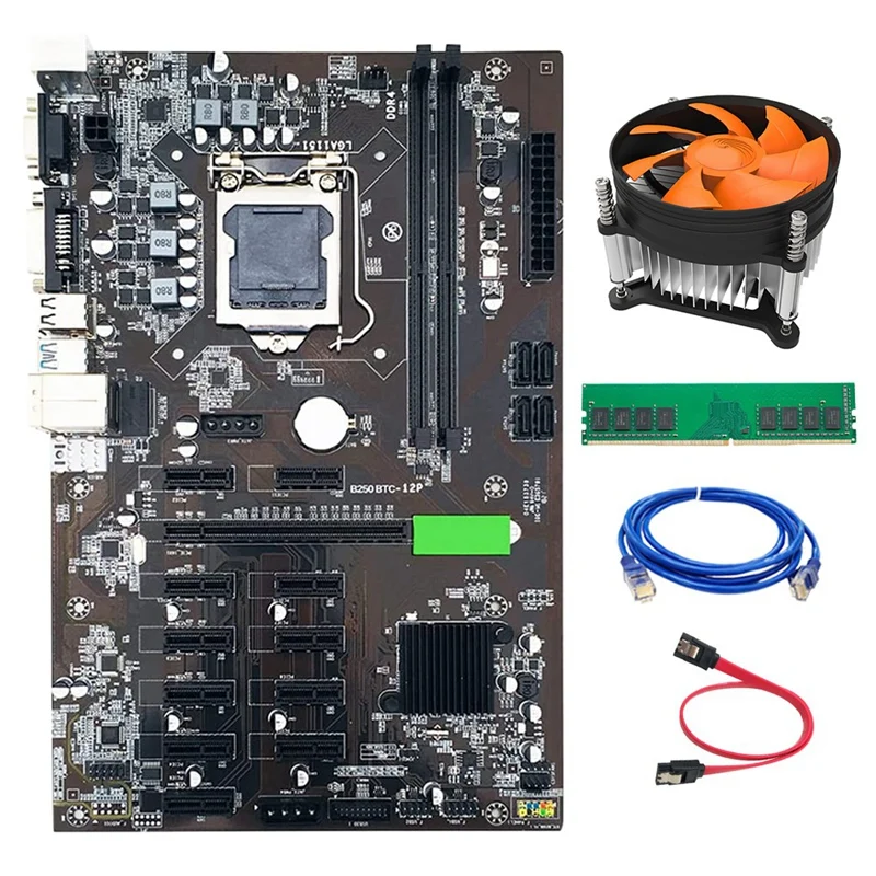 

NEW-B250 Mining Motherboard LGA 1151 With SATA Cable+RJ45 Network Cable+Cooling Fan+DDR4 4GB 2666Mhz RAM For Bitcoin Miner
