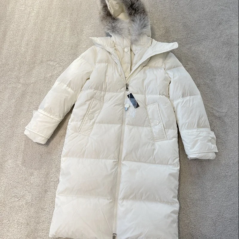 

Women Clothes Fluffy Blue Fox Fur Collar Long Hooded Down Jacket Long Winter Jacket and Coat for Women