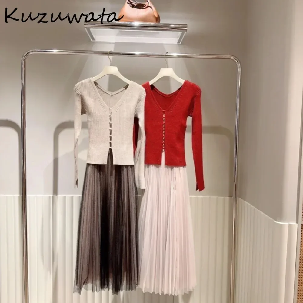 Элегантные трикотажные однобортные костюмы Kuzuwata с V-образным вырезом и длинным