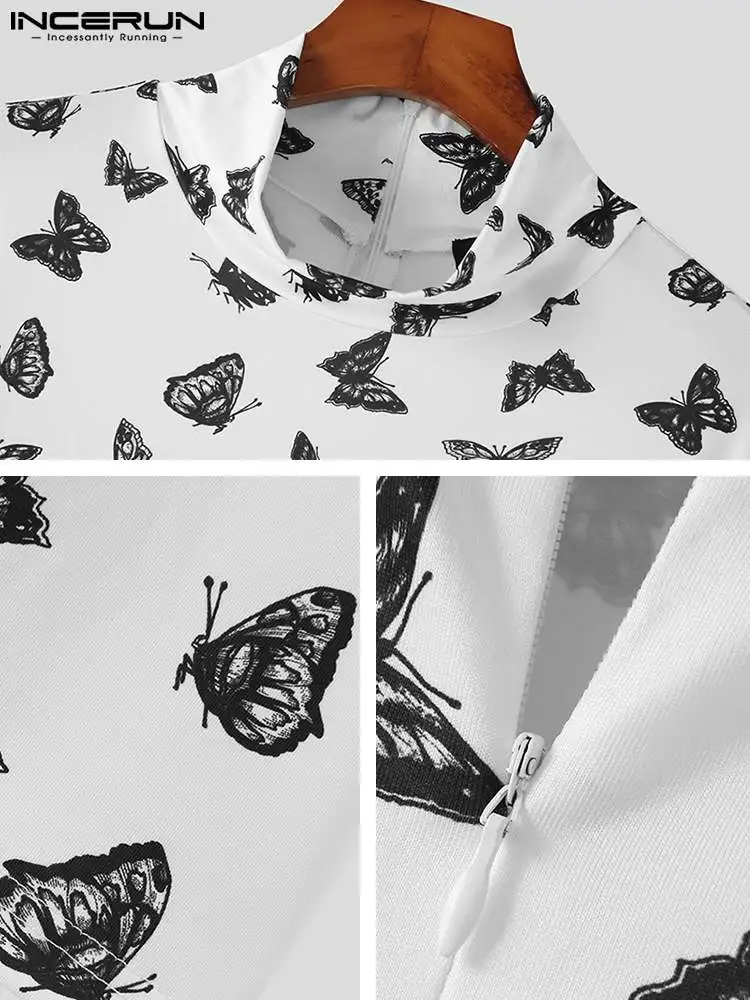 Sexy Casual Style Homewear Bodysuits INCERUN 2022 New Men Butterfly Printing Rompers Fashionable Male Long Sleeve Jumpsuit S-5XL
