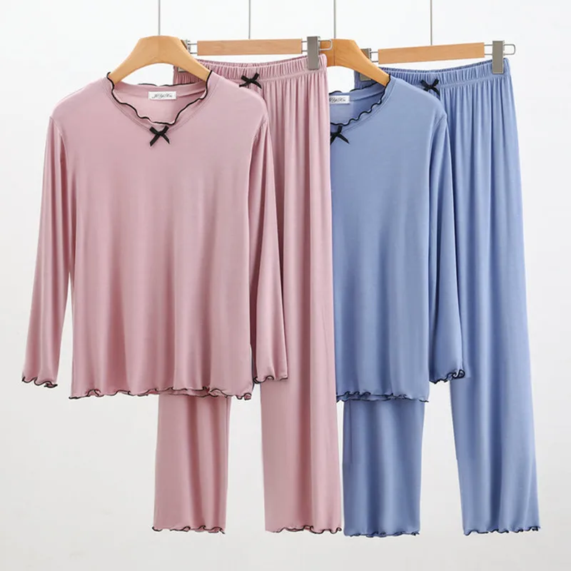 

Household Clothes Women Pajamas Modal Cotton Spring Summer V Neck Long Sleeve Pants Suit Casual Two-Piece Pyjamas Female Set