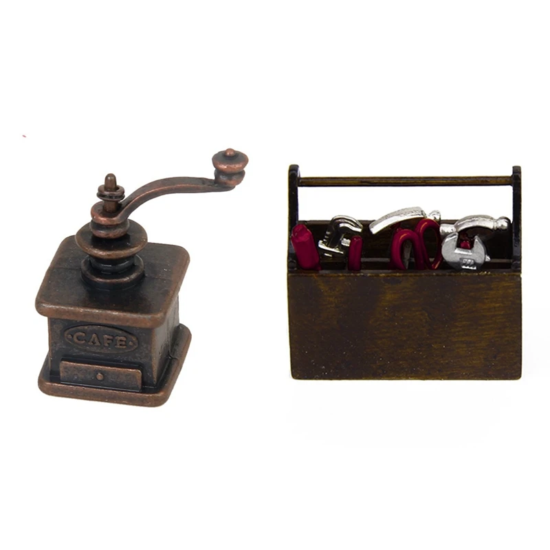 

1Pcs 1/12 Dollhouse Miniature Wooden Box With Metal Tool Set & 1Pcs Miniature Kitchens Vintage Coffee Grinder