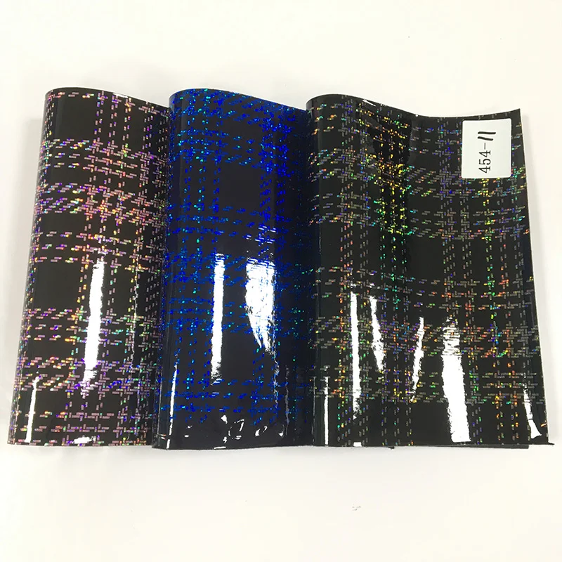 46*135CM Plaid Holographic Laser Metallic Printed PU Synthetic Leather Fabric By the Yard for Making Shoe/Bag/Craft/Handbag
