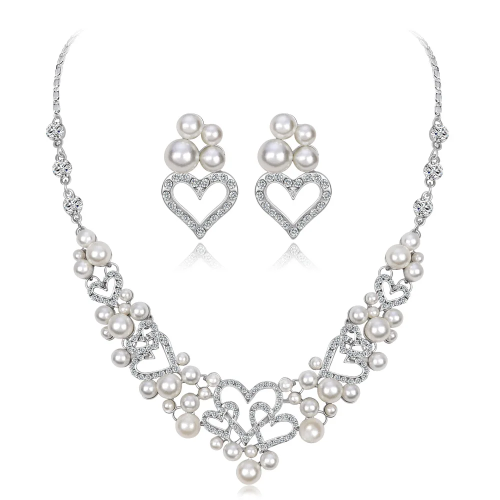 

Female Clear Crystal Jewelry Set Charm Simulated Pearl Heart Earring For Women Wedding Party Accessories