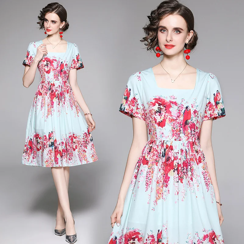 

Design Floral Print French Dress 2022 Short Sleeve Summer Square Collar Chic Ins Tunic Party Dresses for Women Birthday Dress