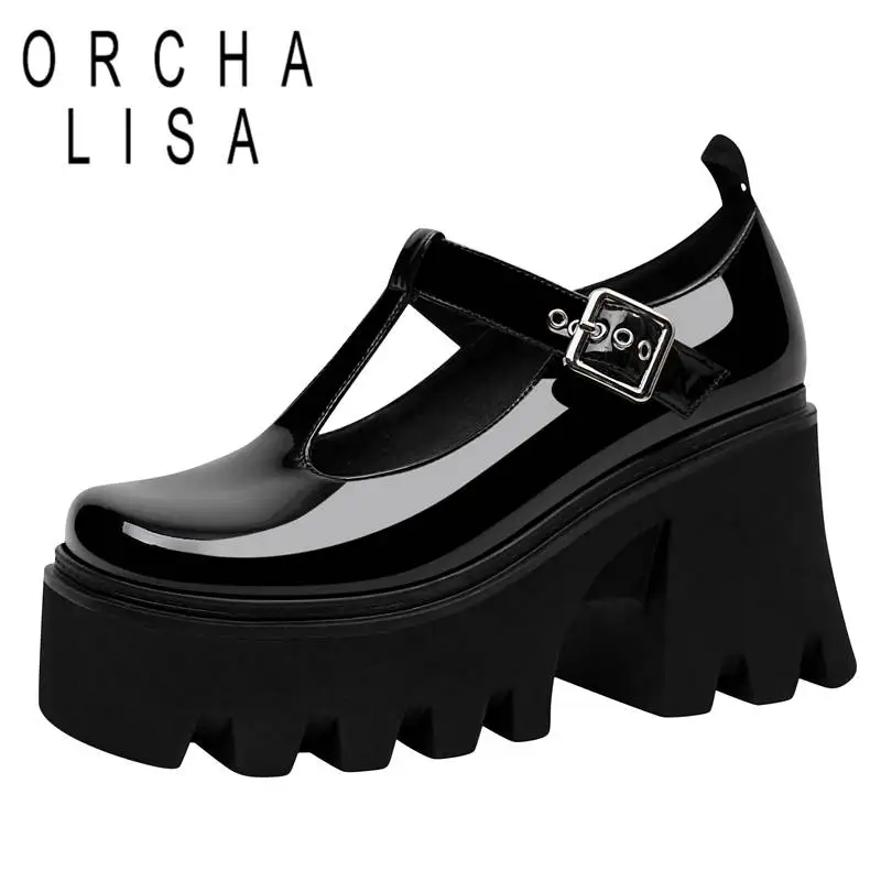 

ORCHA LISA Brand Mary Jane Pumps Round Toe Chunky High Heel 9.5cm Platform Hill 6cm Buckle Strap Female Shoes 43 Big Size