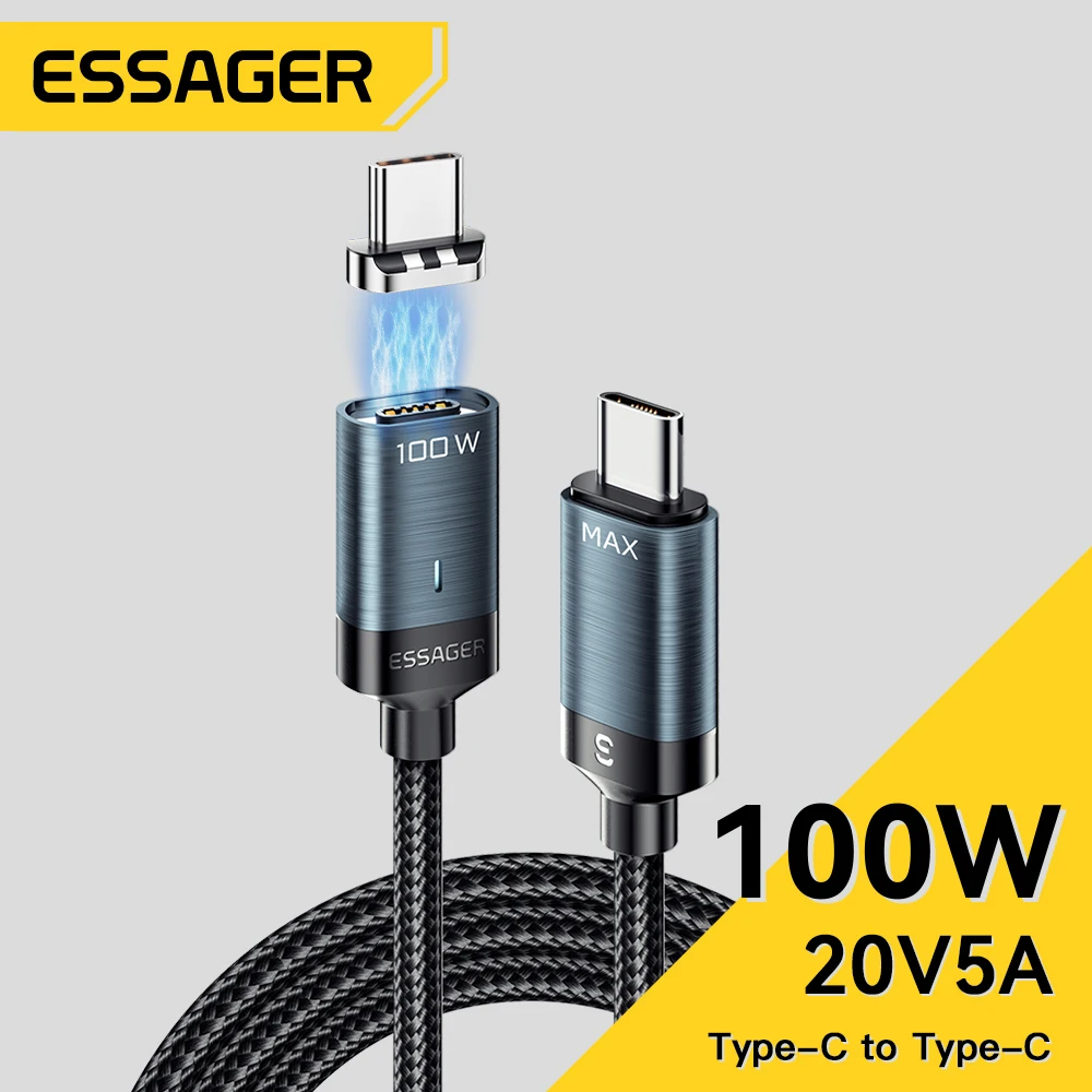 

Магнитный кабель Essager PD 100 Вт для передачи данных, кабель USB C на USB C 5A, шнур для быстрой зарядки и передачи данных для Macbook Pro, Xiaomi, Huawei, P30 Pro, Samsung