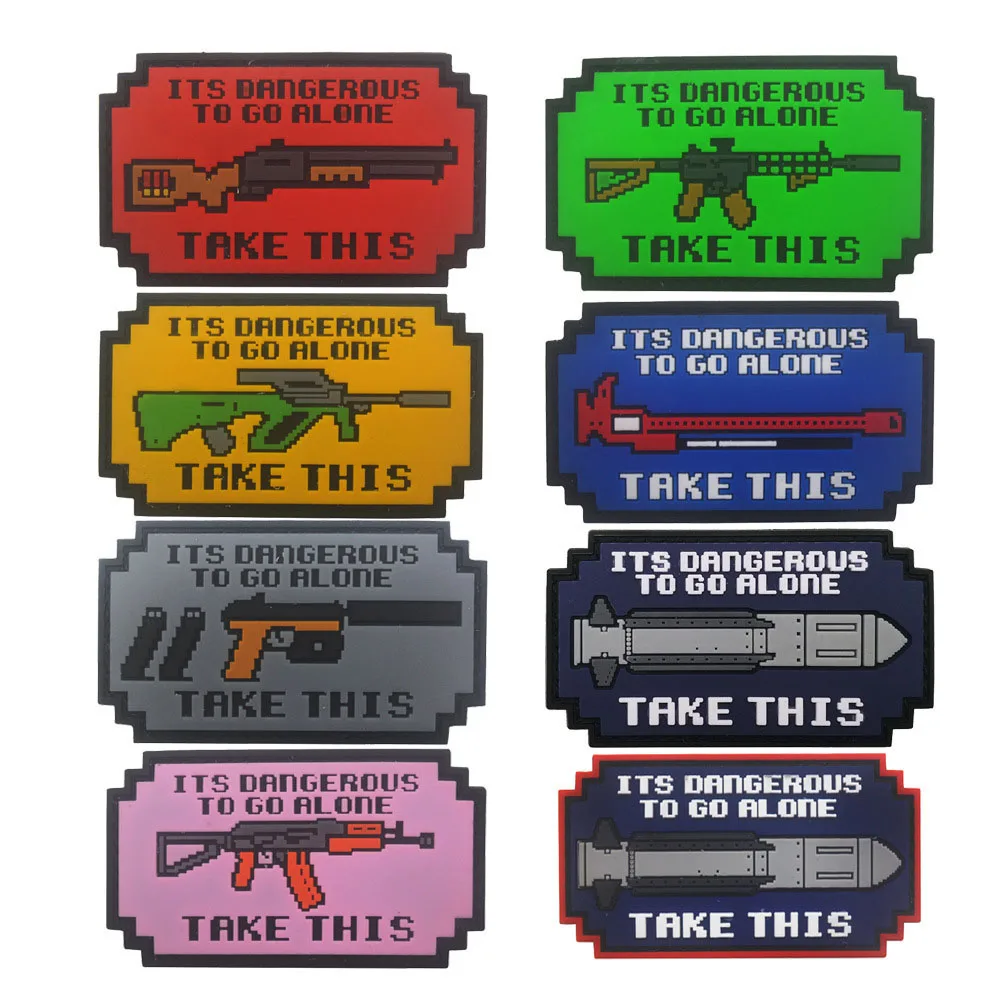 

Pixel Weapon Cartoon PVC Patch It's Dangerous To Go Alone Take This Tactical Military Armband Badge Hook Cloth Sticker Applique