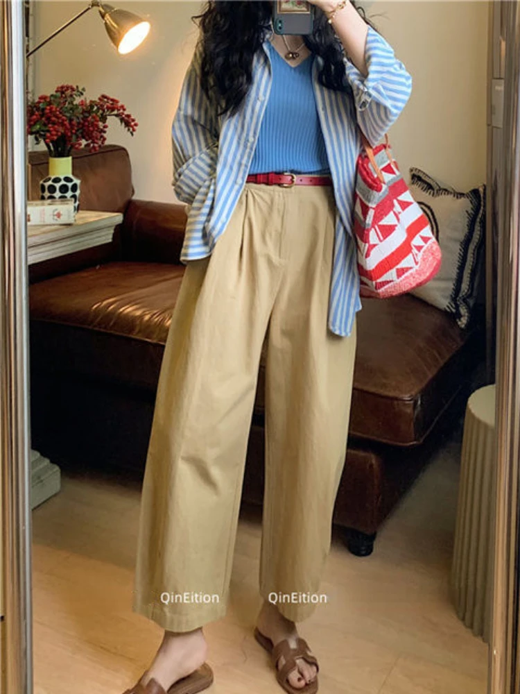 

Summer Women's Pants 100% Cotton Straight Pant High Waist Casual LOOSE Cotton Wide Leg Ankle-Length Pants Streetwear Women