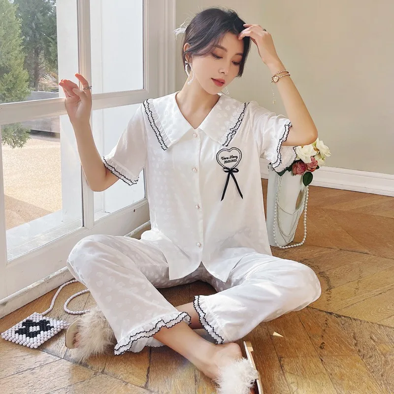 2023 Spring and Summer New Jacquard Pajamas Women's Artificial Silk Short-Sleeved Trousers Love Suit Large Size Can Be Outerwear