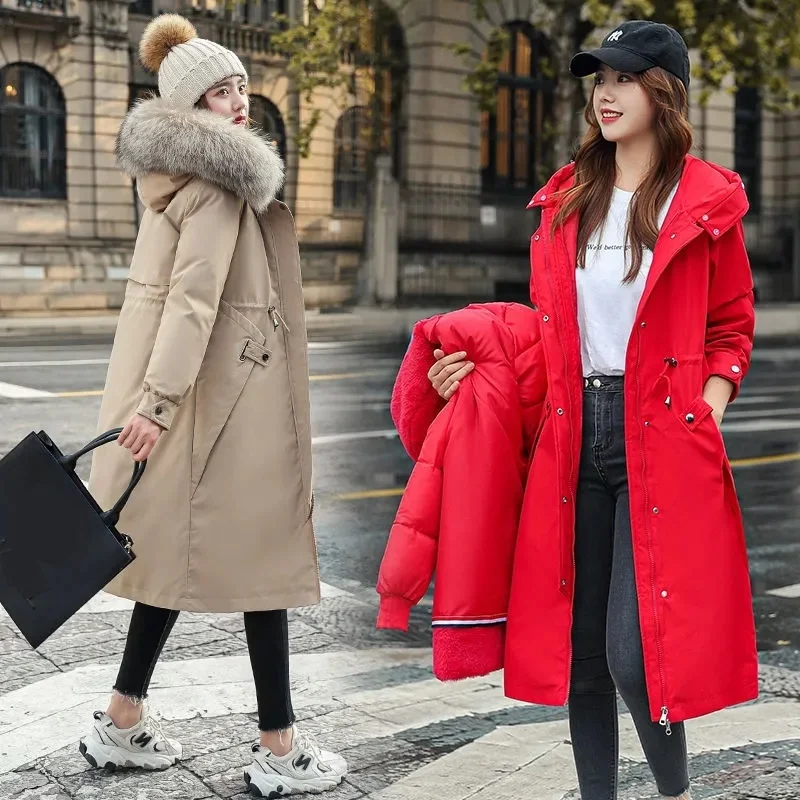 

2022 Winter Warm Liner Cotton Parkas Fur Collar Jacket Women Fashion Long Hooded Cotton Padded Jackets Coats Female Windbreakers