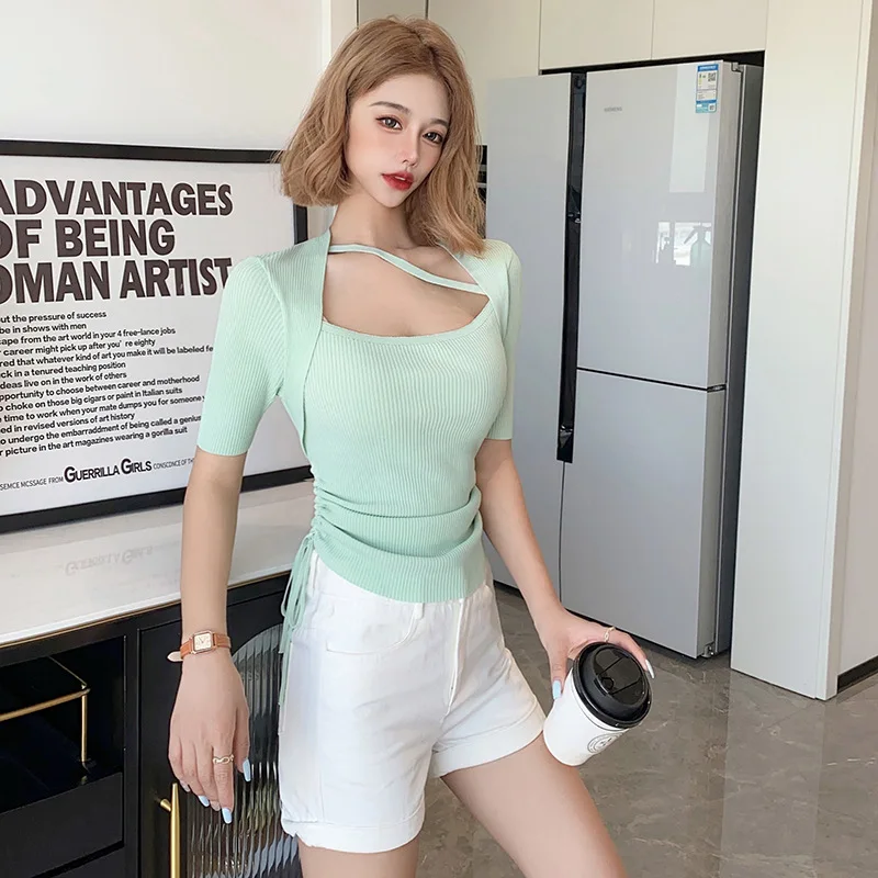 

High Quality 2023 Women Top T-shirt Drawstring Design Female Spring Summer Sexy Crop Tops Clohes Fashion Clohing Tees Y2k Goh