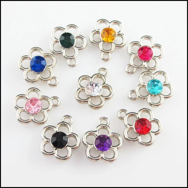 

Fashion 30Pcs Mixed Crystal Dull Silver Plated Flower Star Circle Charms Pendants 15x17mm