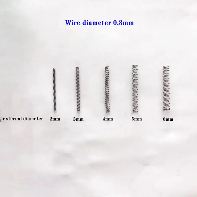 

Компрессионная пружина из нержавеющей стали, малый диаметр провода 0,3 мм, внешний диаметр 3/4/5 мм, длина 5/10/15/20/25/30/35/40/45/50 мм