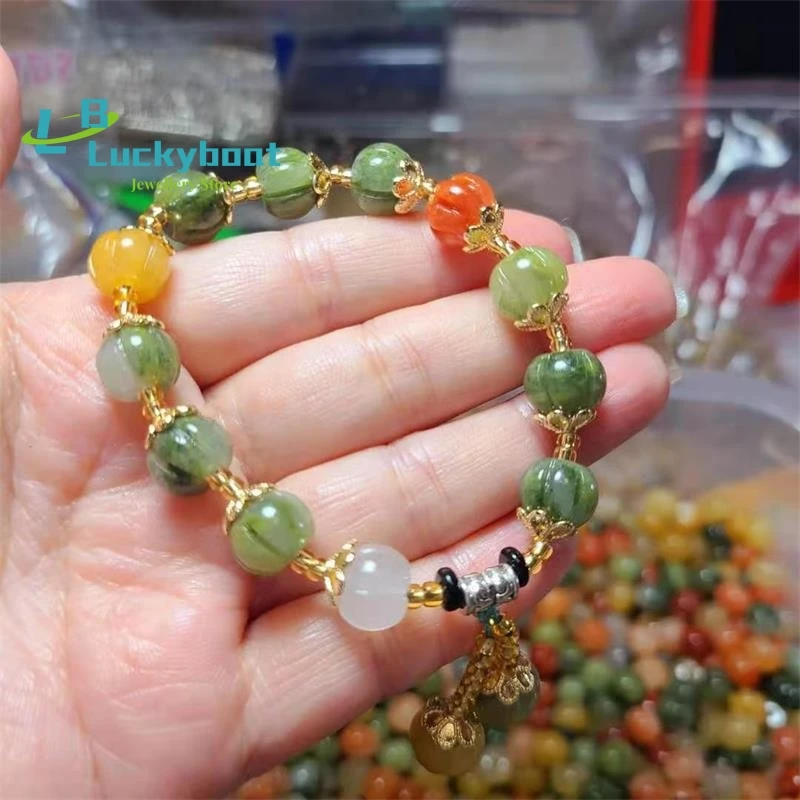 

100% natural Xinjiang Hetian green jade bangle Handcarved jade pumpkin bracelet for women jade gift beads bracelet bangles 12mm