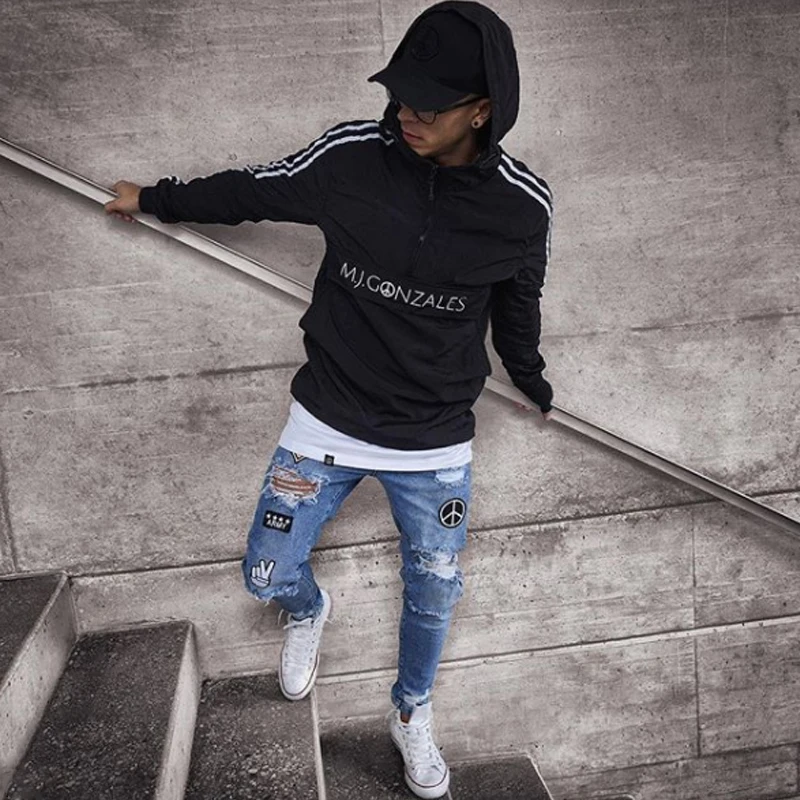 Black Jeans Men Stretchy Ripped Skinny Biker Embroidery Print Jeans Destroyed Hole Slim Fit Denim High Quality Hip Hop Pants