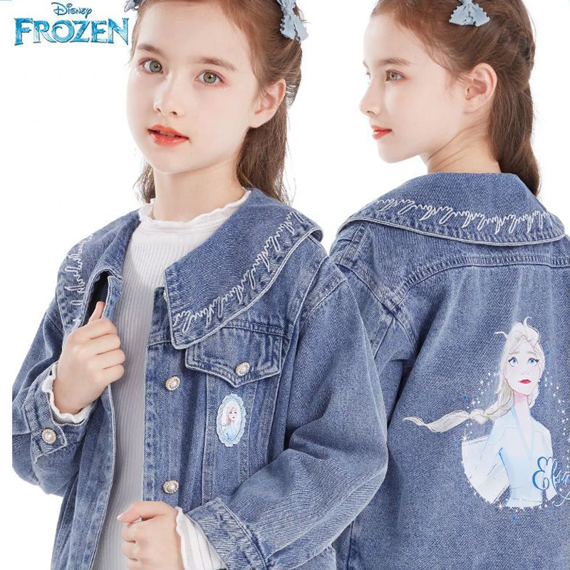 Disney Baby Girl Denim Jacket Warm Frozen Aisha Autumn Doll Collar Micro-elastic Soft Fashion Casual Children's Clothing