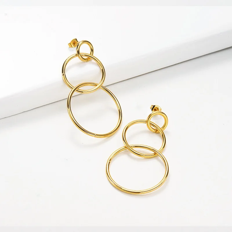 

WeSparking Statement Stainless Steel Long Earrings For Women Gold Plated Metal Circles Fashion Jewelry Free Shipping Item
