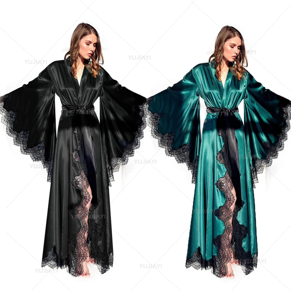 Women Robes Sleepwear Kimono Pajamas Pure Long Black Silk Satin Lace Trim Photography Dress Wedding Bride Gown Photo Shoot