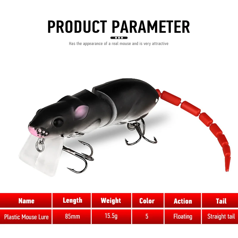 Ardea Rat Lure 15g fishing mouse Lure Hard Platic Rat Bait Jointde Crankbait Artificial Swimbait Black Pike Minnow Bass Tackle