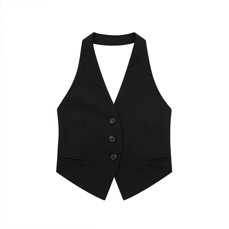 

Women 2023 Summer New Fashion Halter Neck Black Tank Tops Vintage Sleeveless Button Up Female Chic Vest Top Mujer