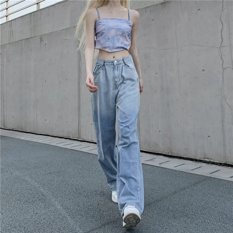 Women Summer New Casual Loose Denim Pants 2021 Low Waist Mom Fit Straight Wide Leg Jeans Gradient Light Blue Baggy Jean Female