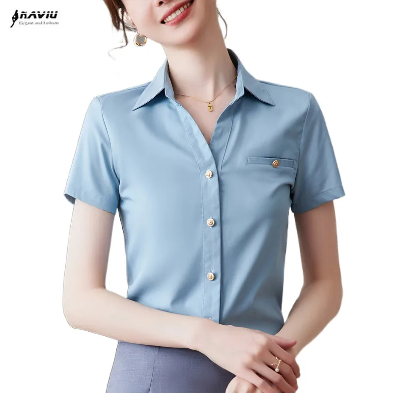 

Рубашка NAVIU женская с коротким рукавом, профессиональная Тонкая блузка с V-образным вырезом, облегающая офисная Деловая одежда, лето