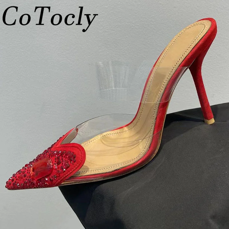 

Sexy High Heels Slippers Women Luxury Rhinestone Party Shoes Pointed Toe PVC Women Pumps Bling Bling Crystal Slippers Woman