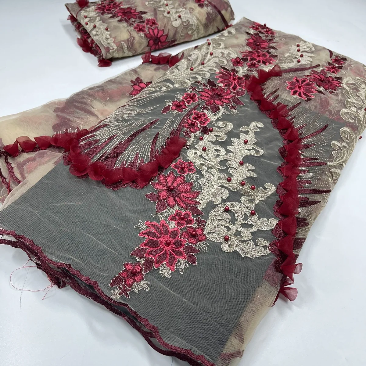 

French 3D Flowers Lace Fabric With Beads 2022 High Quality Beaded Lace Fabric Mesh African Nigerian Lace Fabric Diy Sew LJY21107