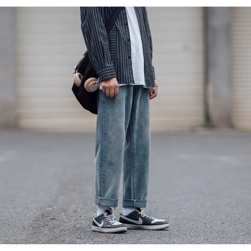 Streetwear Men 2022 New Pattern Recreational Vintage Blue Jeans Loose Straight Cylinder Broad Leg Trousers Autumn Female Trend
