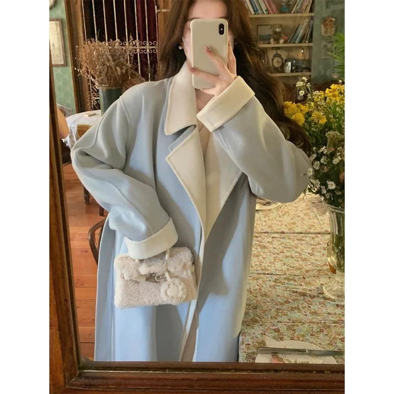 Женская зимняя одежда 2024 двуслойный воротник морской соли синего и белого цвета