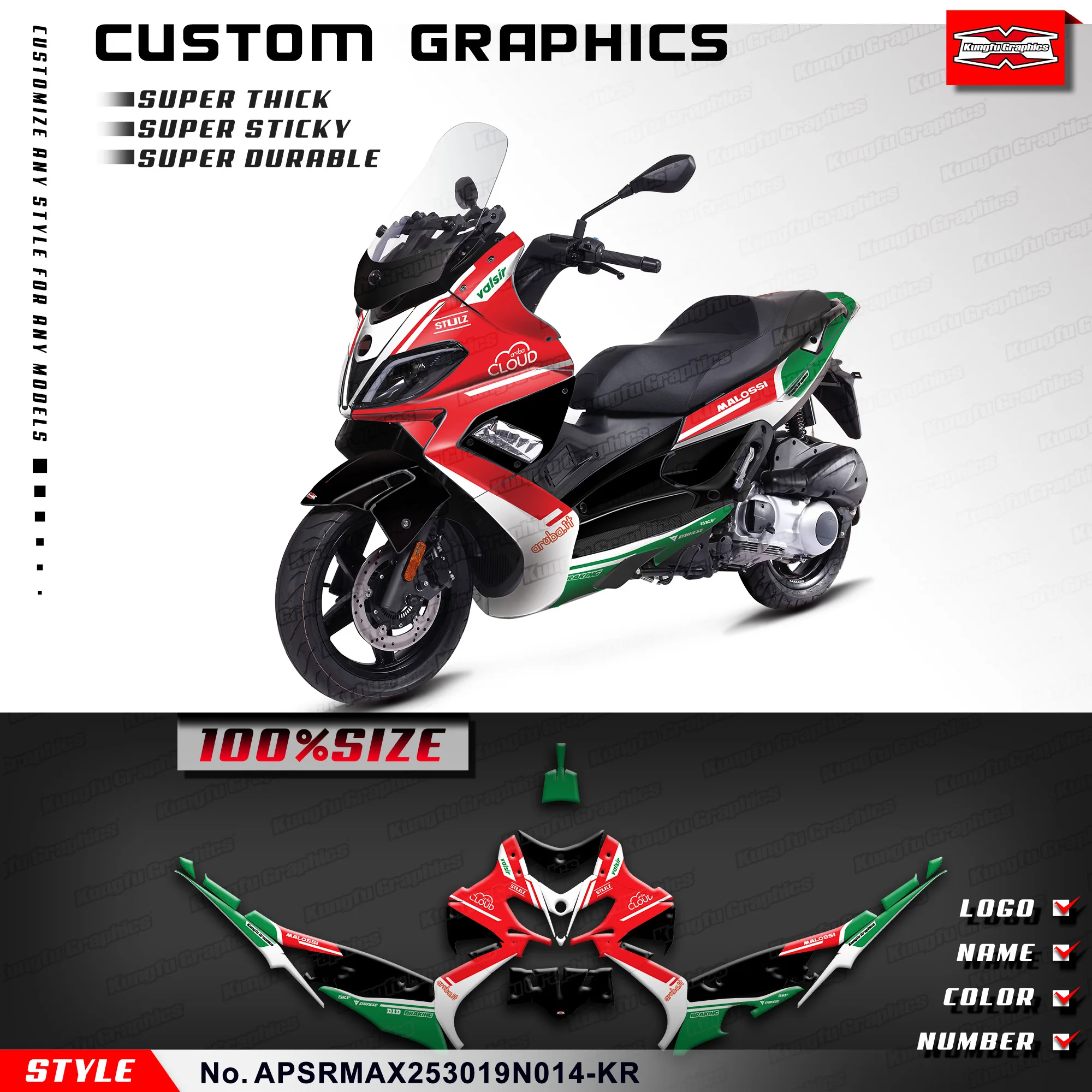 Фото Наклейка-декаль KUNGFU GRAPHICS на заказ для мотоцикла Aprilia SR MAX 250 2013-2021, комплект для восстановления, APSRMAX253019N014-KR №1