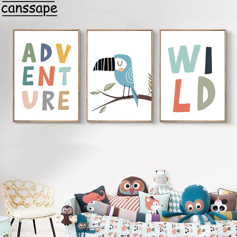 Мультяшный постер Лев птица крокодил холст искусство живопись буквы печать