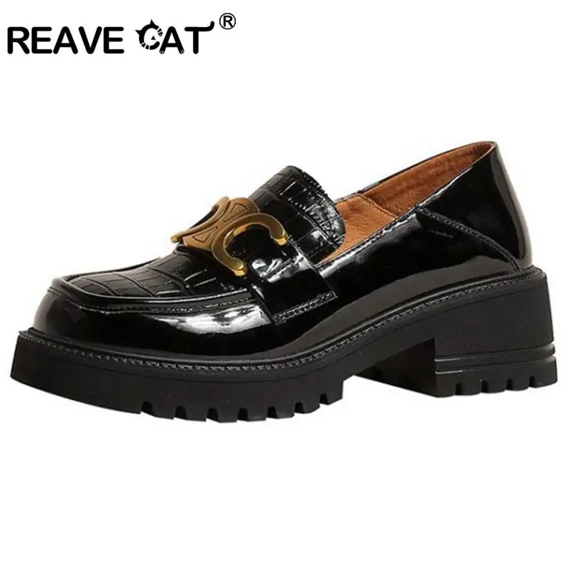 

Женские лоферы из натуральной кожи REAVE CAT, брендовые Роскошные лоферы на толстом каблуке, дизайнерские Лоферы без застежек с металлическим о...
