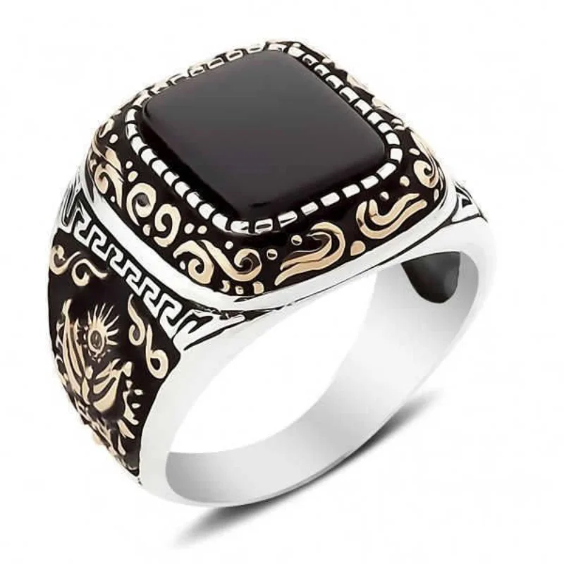 

New European and American personality retro two-color men's ring foreign trade black agate ring jewelry