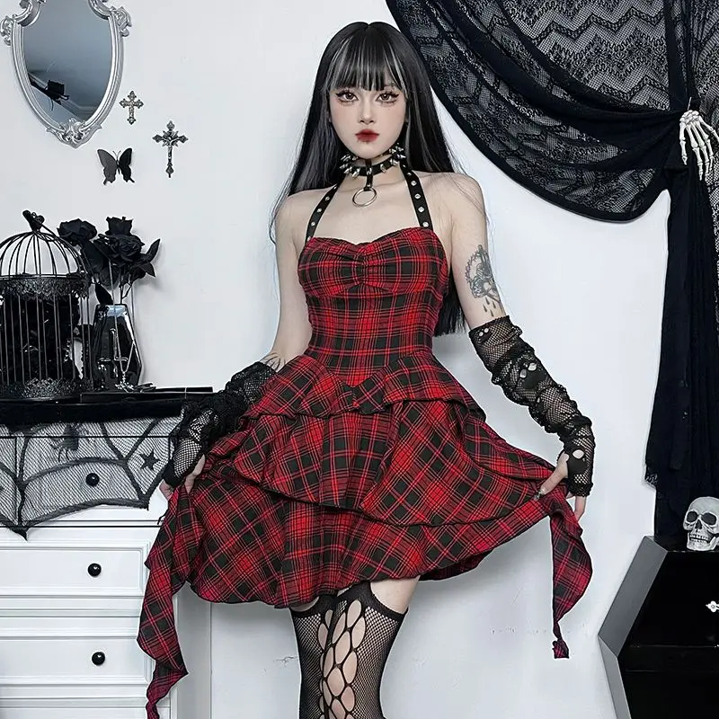 

Dark Gothic Red Plaid Irregular Dress Spice Girls Rock Halter Subculture Shorts Dress y2k