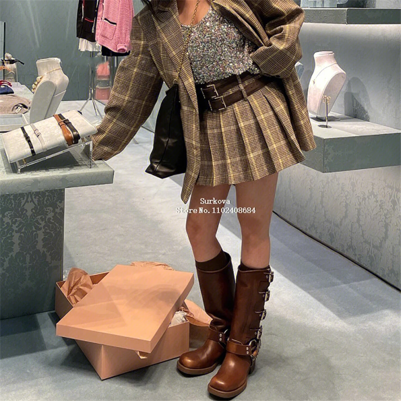 Metal Buckle Retro Brown Knight Boots Woman Winter 2023 Slip-On Heels Mid-Calf Boots Round Toe Chunky Heel Western Cowboy Boots