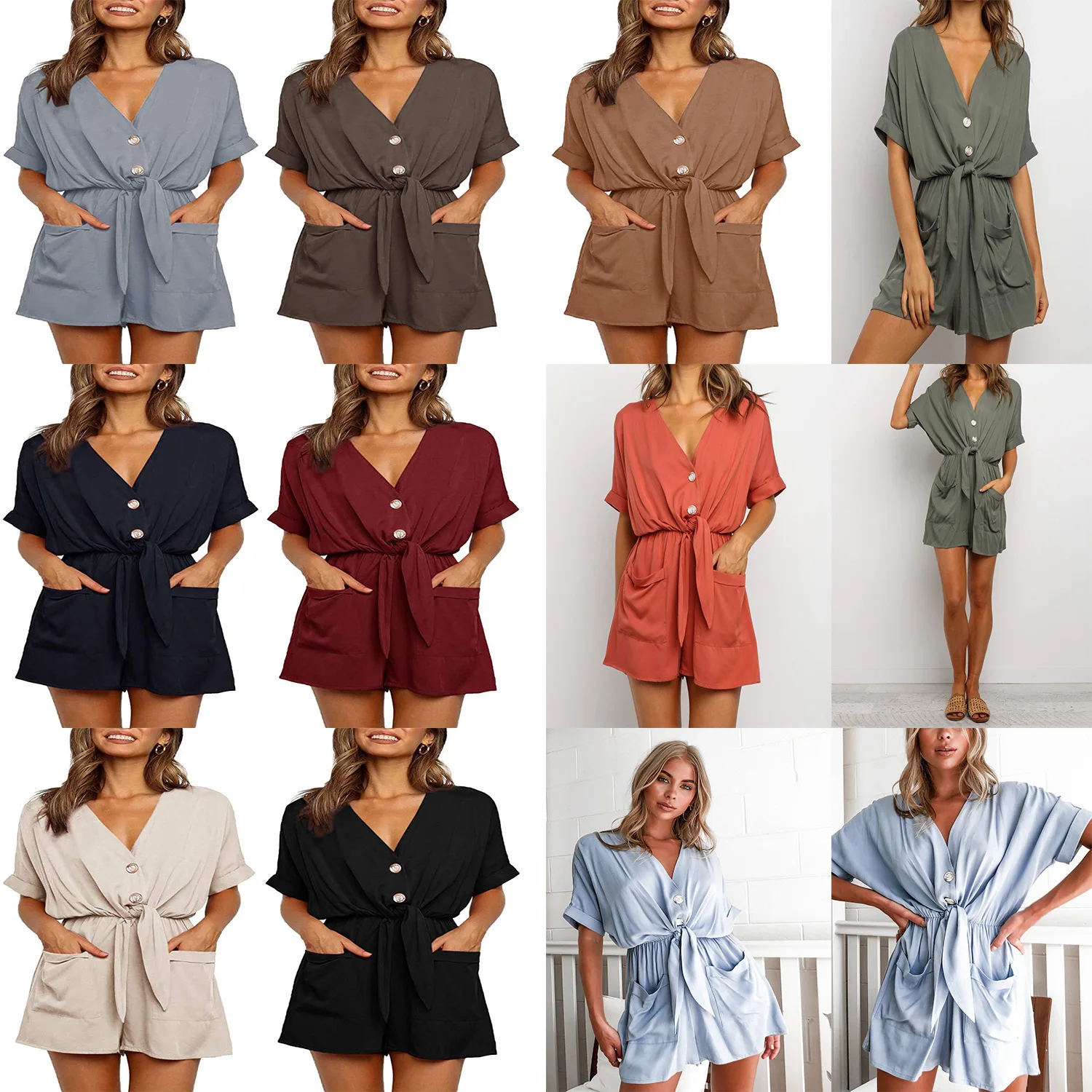 

Women's Summer Wrap Romper V Neck Short Sleeves Loose Fit Jumpsuits Causal One Piece Shorts with Pockets