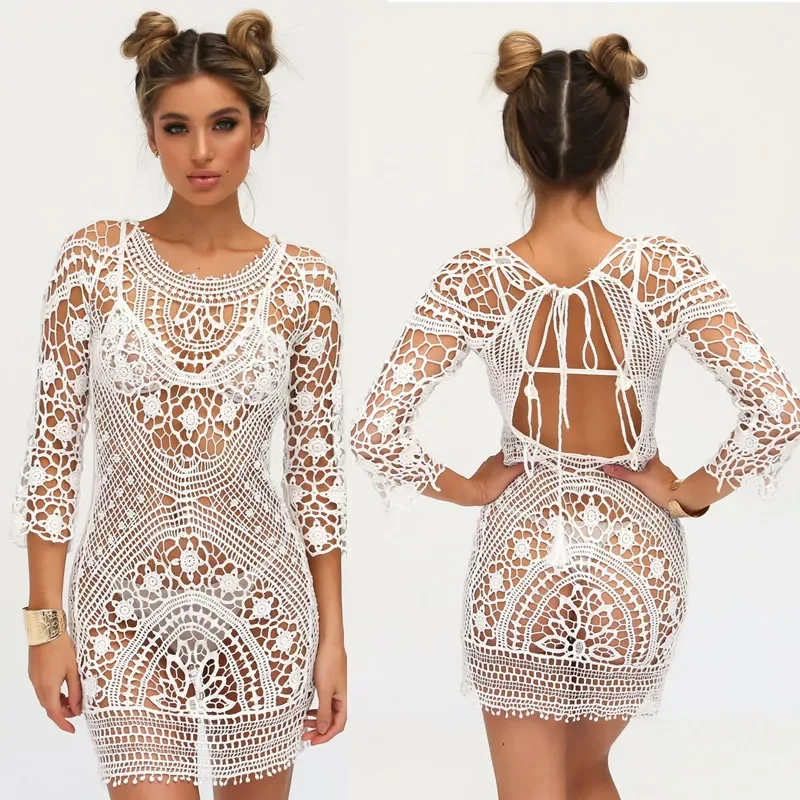 

FY Summer Swimsuit Lace Hollow Crochet Beach Bikini Cover Up 3/4 Sleeve Women Tops Swimwear Beach Dress White Beach Tunic Shirt