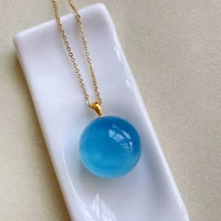 natural blue ice aquamarine pendant 18 5mm clear round bead sphere women 18k gold necklace jewelry aaaaa